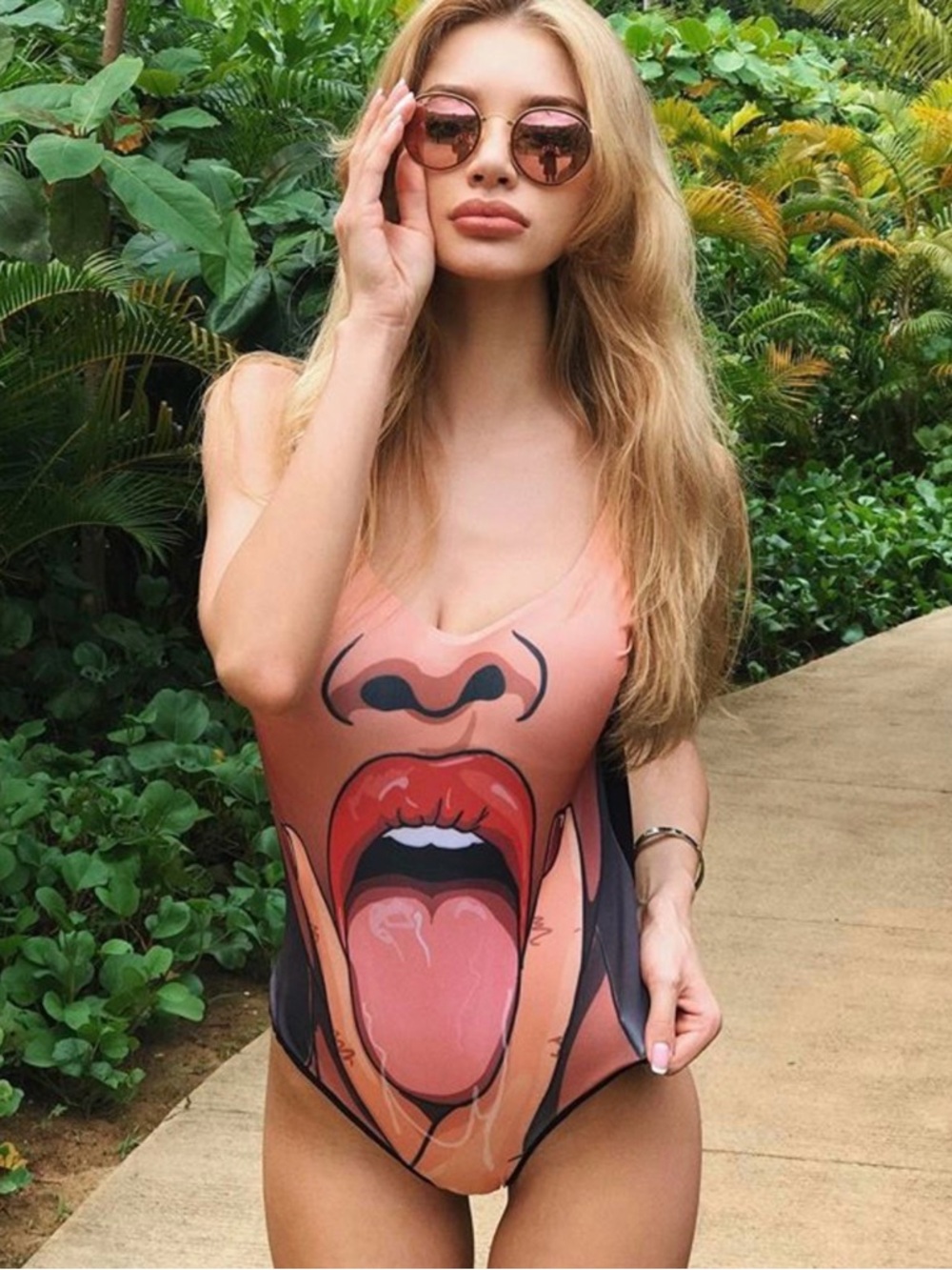 Peach Graphic One-Piece Swimsuit with Bold Pop Art Print